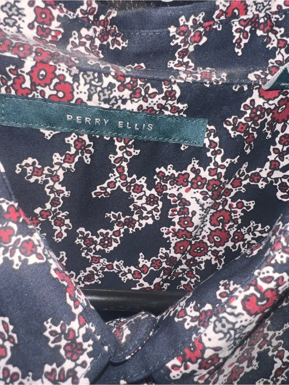 Perry Ellis Navy Button-Down Shirt with Red and White Floral Print